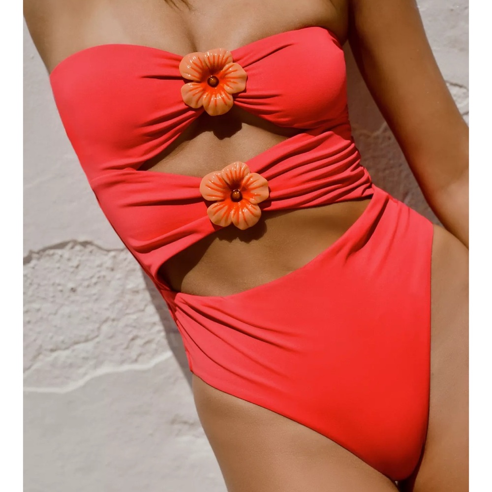 Zara Red One Piece Swimsuit with Orange Floral Accents